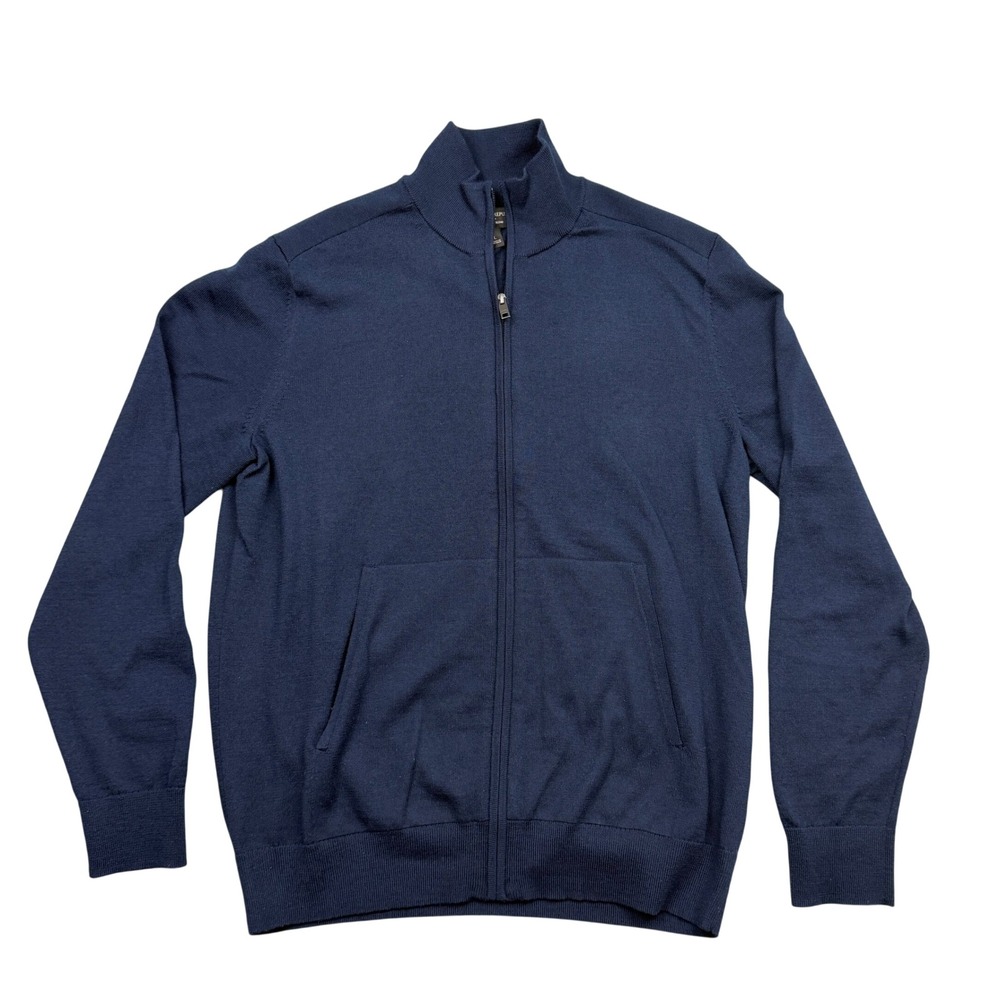 Banana Republic Full Zip Sweater Men L Navy Blue Merino Blend Mock Neck Trim